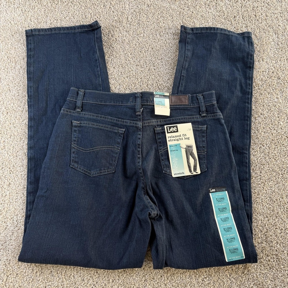 Lee Jeans Womens 8 Long Dark Wash Blue High Rise Relaxed Straight Stretch Denim